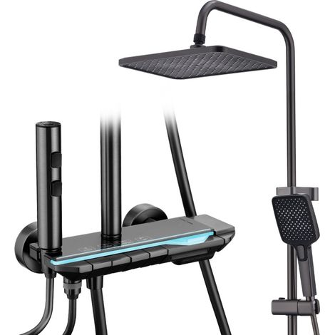 Duschsäulen mit LED Digitalanzeige Duschsystem mit Thermostat 4 Funktionen Duschset Wandmontiert Dusche Regendusche Set Duscharmatur Komplettset Grau