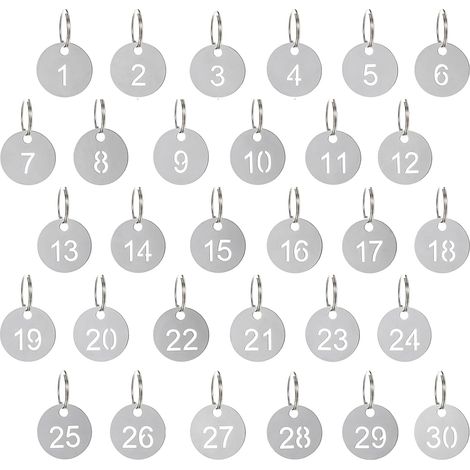 Lot de 30 plaques d'immatriculation rondes en acier inoxydable numérotées de 1 à 30 avec porte-clés, pour casiers, hôtels, bagages, diamètre : 23 mm (1/5)