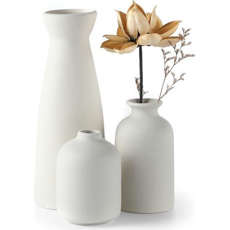 Ensemble de 3 petits vases en céramique blanche, parfaits pour décorer une table de mariage, une fête, un salon, un bureau ou une chambre. Style bohème minimaliste. Pot de fleurs inclus. (1/5)