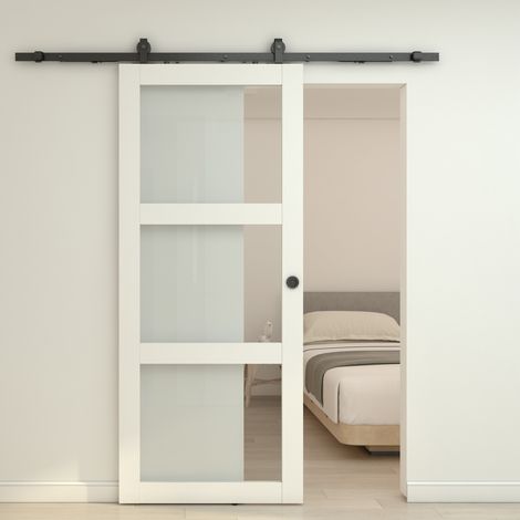 Porte coulissante intérieure 90 x 215 cm bois blanc et verre, rail noir, Schulte (1/5)