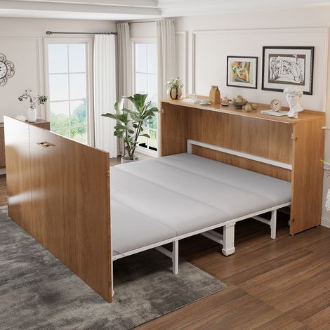 Klappbett 140x200 cm Holzoptik aus Holz und Metall mit verdecktem Ausziehmechanismus und leisen Rollen (1/5)