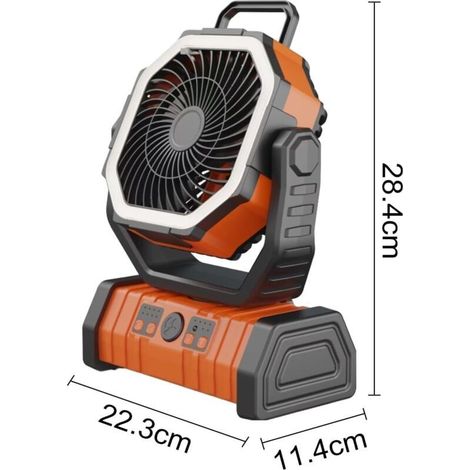 Ventilateur portable rechargeable à batterie de 20 000 mAh, idéal pour le camping ou la randonnée, avec éclairage et crochet, rotation à 360°, 4 vitesses, pour tentes et voitures couleur orange (1/5)