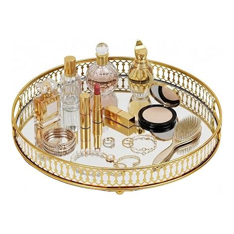 Plateau décoratif rond de 32 cm en verre doré - Décoration de table pour salle à manger - Plateau rond - Plateau de service - Décoration de table pour salon, salle de bain (1/5)
