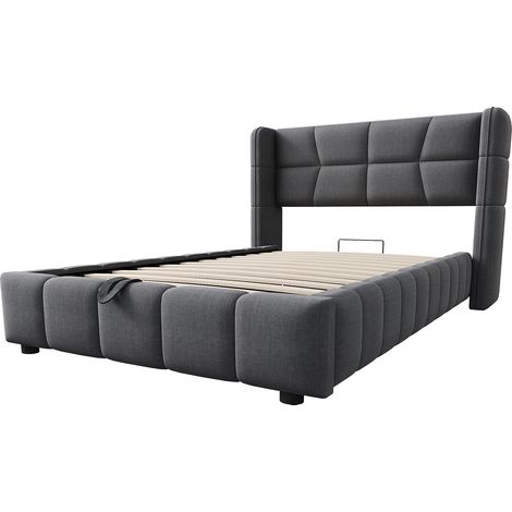 Lit coffre 90x200 cm en tissu gris avec tête de lit, mécanisme de levage et structure métal, charge 150 kg (1/5)