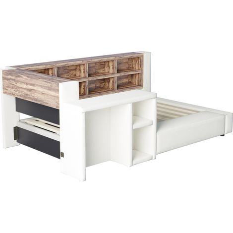Polsterbett 90 x 200 cm beige mit Stauraum, LED, Steckdosen und Beistelltisch MODENUIT (1/5)