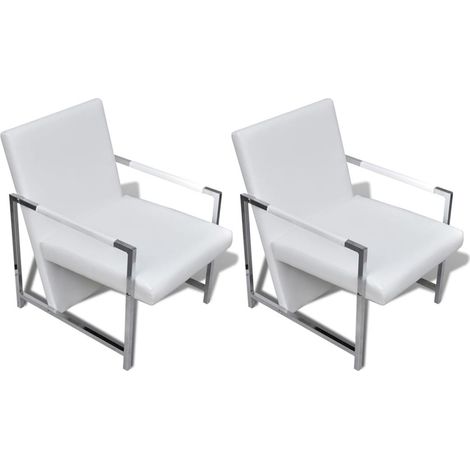 Fauteuil chaise siège lounge design club sofa salon 2 pcs avec cadre chromé cuir synthétique blanc