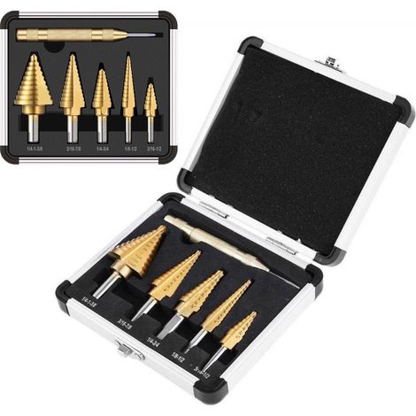 6-teiliges Set titanbeschichteter Stufenbohrer, Körner, gerader Nut, dreieckiger Schaft, Pagodenkegelbohrer (Zoll). (1/5)