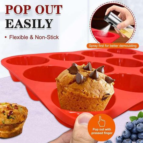 Disponible en 2 couleurs : rouge. Matière : silicone. Moule à cupcakes en silicone antiadhésif, 12 cavités.