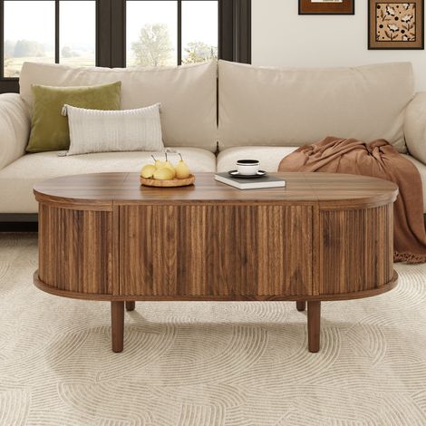 Mesa baja ovalada con bandeja elevable y almacenamiento, patas en madera maciza, color nogal, 100x48x53.5 cm