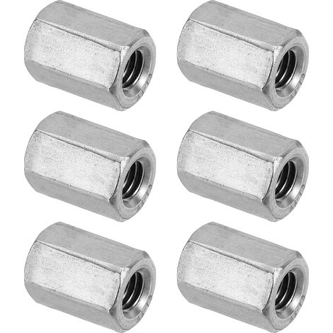 Ecrou Long M10 x 1.5 de Pas Écrou Hexagonal en Acier Inoxydable 304, 6Pcs 25mm/ 1" Longueur Raccords de Tige Filetés Grossiers, Écrous de Couplage, Ton Argent (1/5)