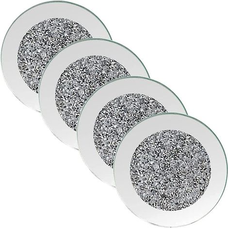 Dessous De Verre, sous-Verres en Diamant pour La Maison, Le Café, La Table À Manger, Le Restaurant, Le Bar, 4 Pièces, sous-Verres en Verre Miroir, 4 Pouces Écrasés (Argent) (1/5)