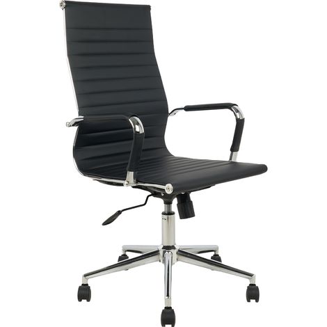 Sedia Da Ufficio Elegante Poltrona Direzionale Ergonomica Design Moderno Colore Nero Rivestimento Ecopelle Base Cromata Ruote Silenzione Seduta Scrivania Sala Riunioni Schienale Alto (1/5)