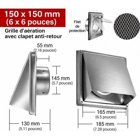 Grille d'aération murale carrée inox 304 150 mm avec clapet et grille 150mm 6 réf 7725 19 × 18,5 × 12 cm 492 g – Livraison gratuite