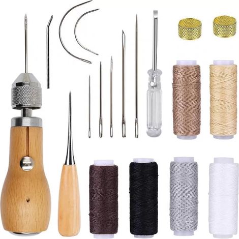 Kit De Couture Pour Cuir - 18 Pièces Avec Alêne À Bobine Intégrée Et Aiguilles Métalliques - Pour Travaux De Maroquinerie Et Réparation De Cuir - 1 Unité (1/5)