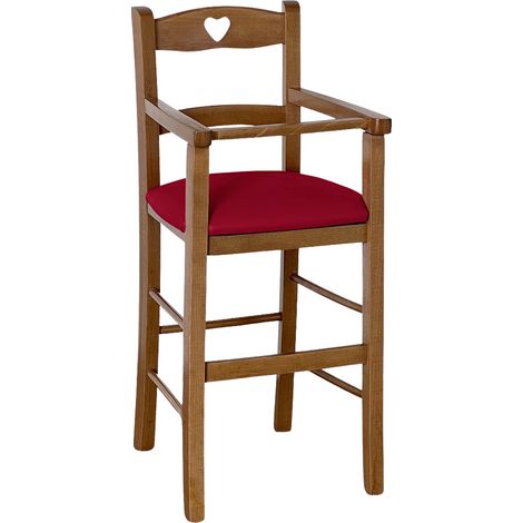 Seggiolone in legno color noce chiaro con seduta imbottita in similpelle rosso