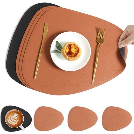 Juego de 4 piezas de manteles individuales posavasos, lavables, de piel, color marrón blanco roto (4 manteles individuales 4 posavasos) (1/5)