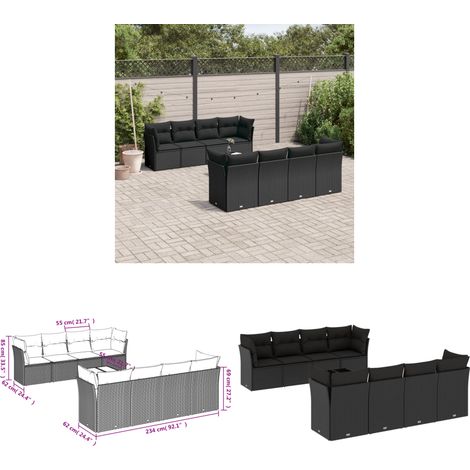 9-tlg. Garten-Sofagarnitur mit Kissen Schwarz Poly Rattan - Gartenmöbel Set - PE-Rattan Möbel - Outdoor Sofa - Esstisch - Lounge Garnitur - Home & Living (1/3)