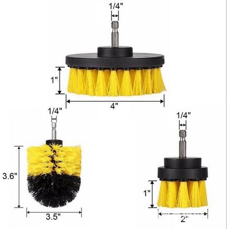 Kit de 3 brosses pour perceuse électrique : brosses de nettoyage pour sols, verre et carrelage, brosse de polissage pour toilettes (jaune). (1/5)