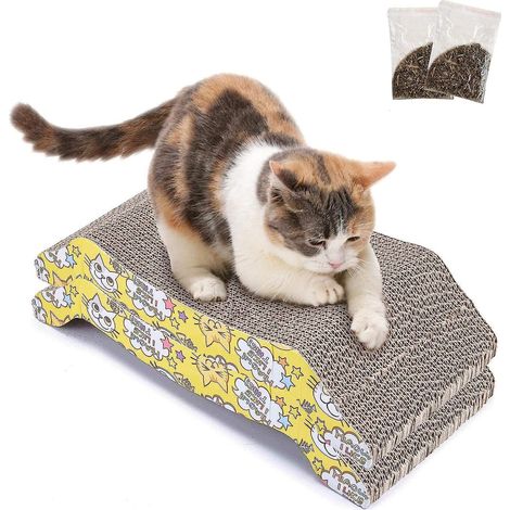 Griffoir en carton pour chat (2 pièces) - Griffoir ondulé pour chats avec herbe à chat (1/5)
