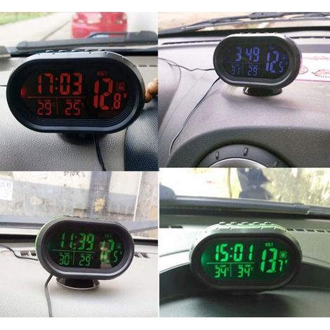 Horloge Thermomètre Numérique Voltmètre de Voiture 4 en 1 Alarme Moniteur de Voltage Horloge LCD Rétro-Éclairage 12/24 Heures Indicateur de Température bleu MNS (1/4)