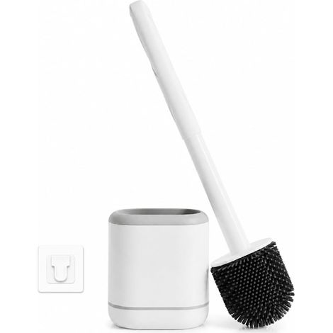 Brosse de salle de bain en silicone avec porte-brosse adhésif, brosse de salle de bain flexible anti-goutte, support mural sans trous, blanc (1/5)
