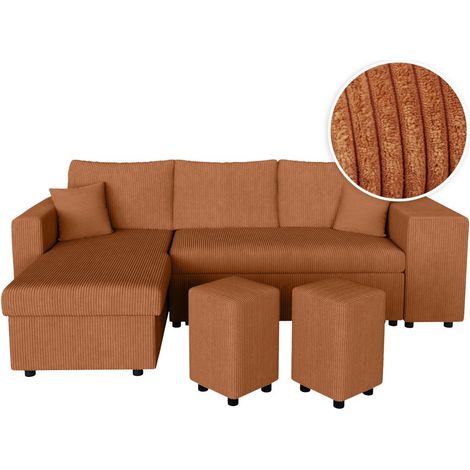 Canapé d'angle réversible convertible OSLO avec coffre 2 poufs à droite en velours côtelé terracotta (1/5)