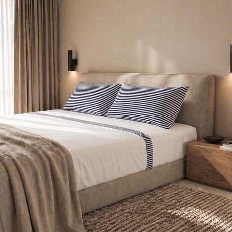 Parure de Lit 2 Personnes 175x200cm - 100% Coton - Drap Housse, Drap Plat, 2 Taie d'Oreiller - Rayures Bleu