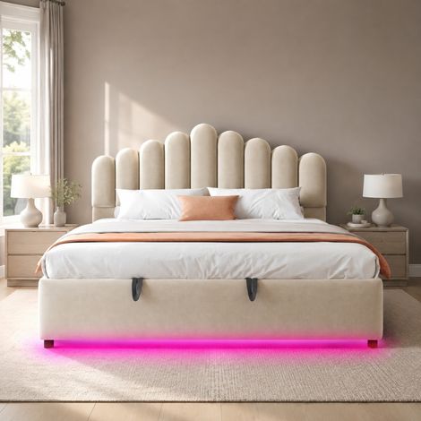 Cama con almacenaje 180 x 200 cm, LED, cabecero capitoné, beige DESVIAE (1/5)