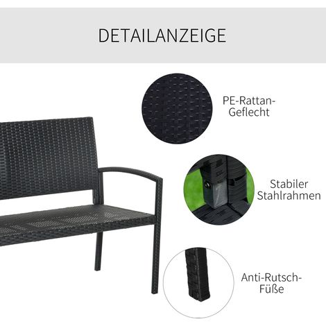 Banc de jardin en polyratin 2 places, banc public avec structure en acier et cannage noir, L122 x P60 x H87 cm, pour espace extérieur, terrasse et pelouse. (1/5)