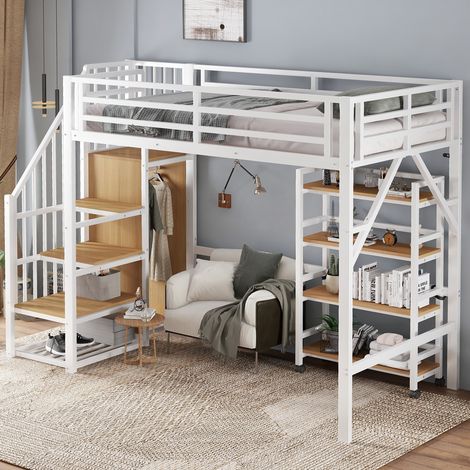 Letto a soppalco 90x200 cm - con scaffale a 4 ripiani - armadio angolare con scaletta - ferro e MDF, bianco e naturale (1/5)