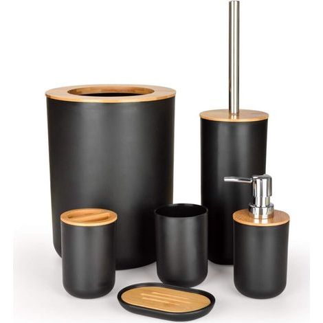 6 Pcs Ensemble d'accessoires de Salle de Bain en Bambou, Ensemble d'accessoires de Salle de Bain, Bouteilles de Lotion, Porte-Brosse à Dents, Tasse à Dents, Porte-Savon, Brosse de Toilette, Poubelle-D (1/4)