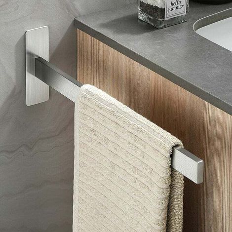 Porte-serviettes de salle de bain mural en acier inoxydable 304 à bras unique sans perçage argent. (1/4)
