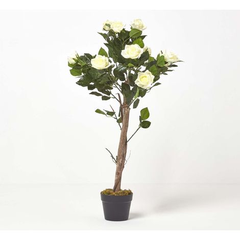 HOMESCAPES White Potted Rose Tree Artificial Plant with lifelike green leaves and single trunk, 90 cm (1/5)