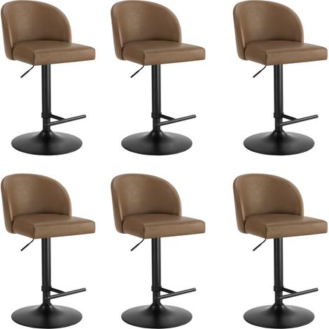 Lot de 6 Tabouret de Bar Réglable en Hauteur, Revêtement en PU, Rotatif sur 360°-Marron