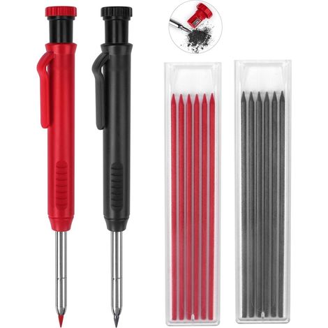 Potloden Pour Bois - Pointe De 4 Mm - Marquage De Trous Profonds - Convient Pour Bois Verre Metal Plastique - Lot De 2 Avec 12 Recharges - Rouge Et Noir (1/5)