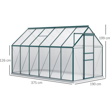 Serre en polycarbonate, 190 x 375 x 199 cm, avec fenêtres rétractables et portes coulissantes, structure en aluminium, végétation. (1/5)