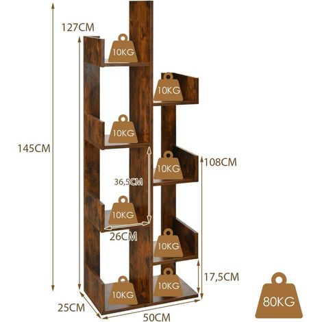 Bibliothèque arbre 8 niveaux, rangement ouvert avec anti-basculement, marron, pour salon bureau (1/5)
