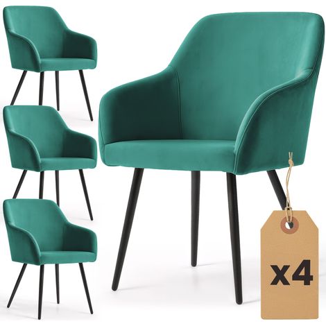Lot de 4 Chaises en velours lisses ESTELLE Vert Bouteille pieds noirs (1/5)
