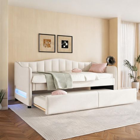 Cadre de lit beige en lin 212 x 99 x 85 cm (1/5)