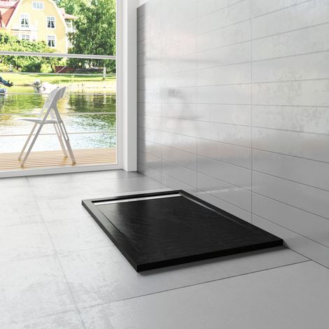 Piatto Doccia Rettangolare 80x120x3cm in Pietra Vulcanica e Resina Mista finitura Pietra Nera Ruvida Ultraslim Antiscivolo (1/4)