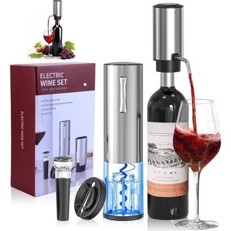 4-in-1 Elektrischer Korkenzieher, Flaschenöffner, Weinzubehör, automatischer Spender, Edelstahl, Silber (1/5)