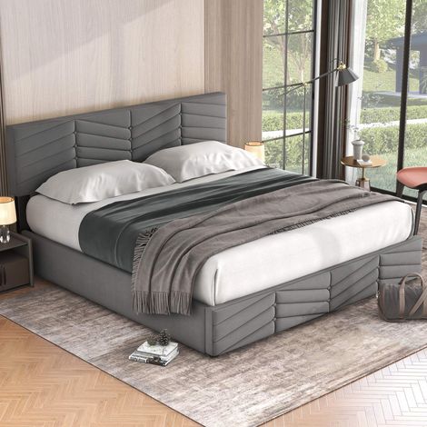 Lit coffre 180x200 cm gris en velours, tête de lit réglable 90-95 cm, design rayé à boutons, rangement hydraulique, sommier à lattes inclus, sans matelas (1/5)