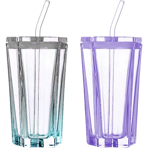 Lot de 2 verres étoile 300ml avec couvercle et paille, design dégradé bleu violet, idéal pour boissons froides café eau (1/5)