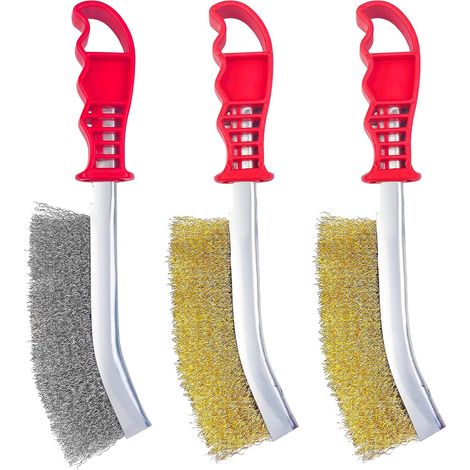 LaBlanc - Cepillo de alambre manual de 3 piezas, 140 mm, de acero latonado, de acero inoxidable para eliminar óxido, corrosión y superficies con fricción. (1/5)