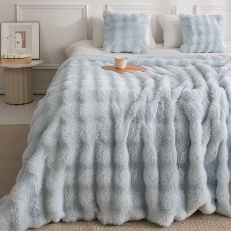 Couverture,140200cm Plaid Fausse Fourrure de Lapin, Couverture de Décoration Intérieure, Chaude Plaid Double Face Doux,Bleu (1/5)