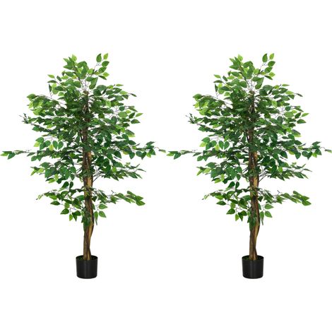 HOMCOM pack 2 ficus artificiales con troncos naturales 150 cm plantas artificiales con maceta y 882 hojas verde (1/5)