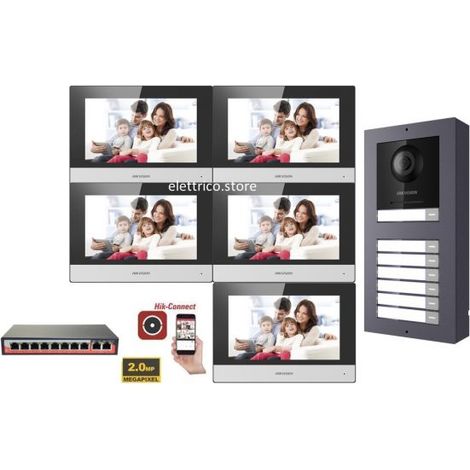 KIT Videocitofono IP Poe Hikvision 5 appartamenti Monitor 7 pollici WIFI smart telecamera 2 mpx