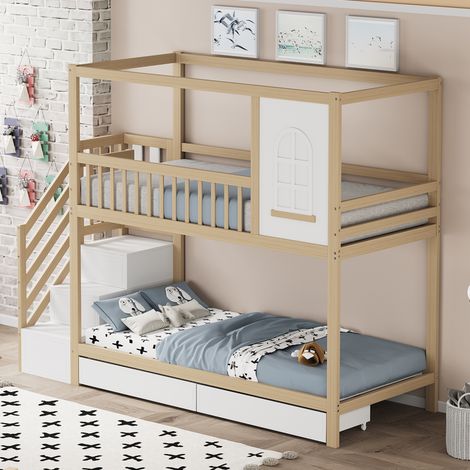 Cama doble 90x200 cm diseño en forma de casa con cajones de almacenamiento color madera natural(Sin Colchón) (1/5)