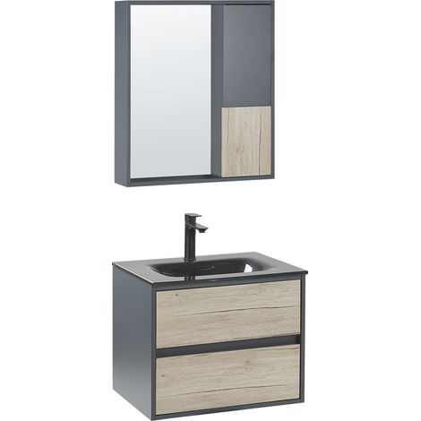 Mueble de baño con espejo gris MDF madera clara 60 cm lavabo de cerámica armario pared Teruel