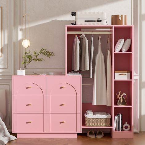 Armoire polyvalente moderne, penderie ouverte avec tringle, 6 tiroirs et étagères latérales, armoire de rangement pour chambre, rose, 139 × 35 × 133 cm (1/5)